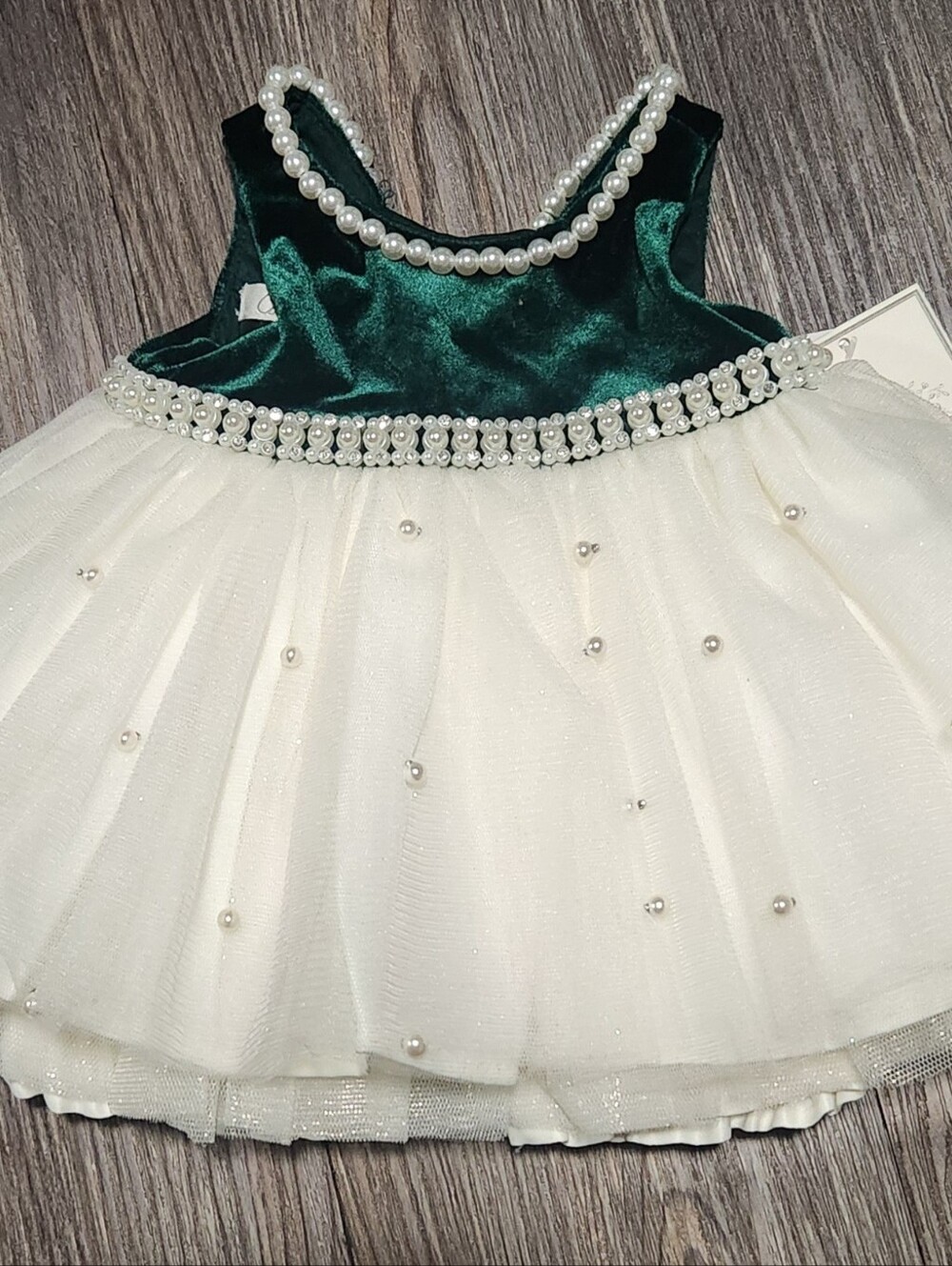 Emerald Green Velvet and Ivory Pearl-Embellished Girls' Formal Dress